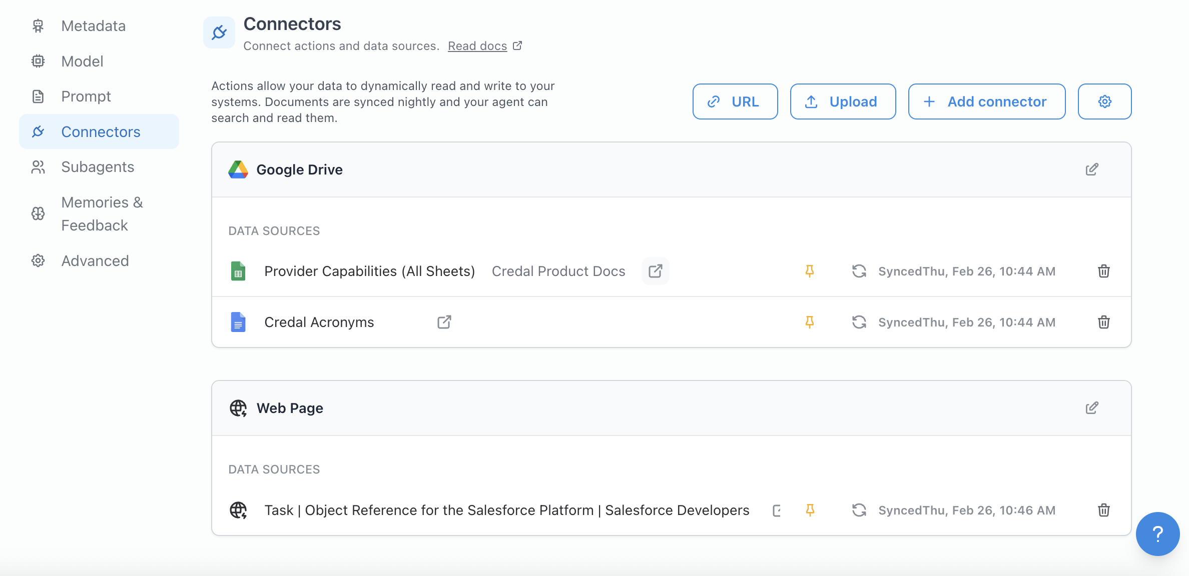 Attached data sources listed by connector