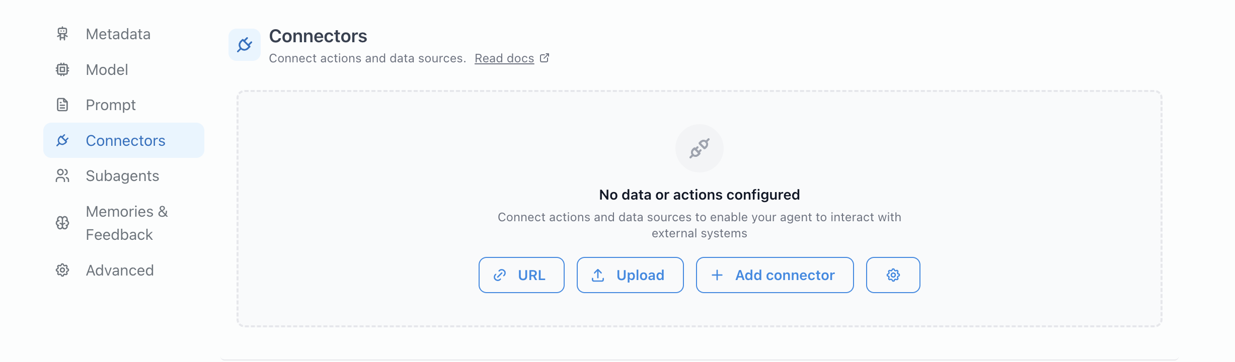 The Add Connector button in the connectors section before any actions are attached