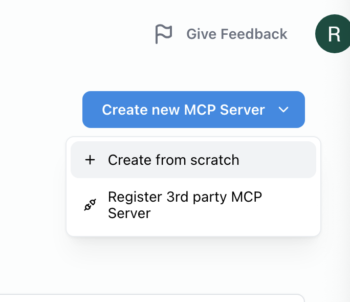 Create New MCP Server button with the Create from Scratch option