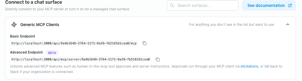 Advanced endpoint URL shown under Generic MCP Clients in the Publish tab
