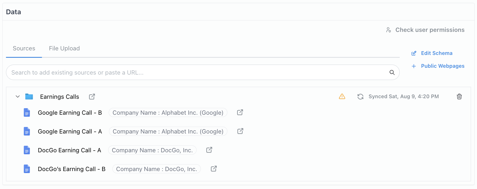 Example of metadata values extracted from documents after syncing