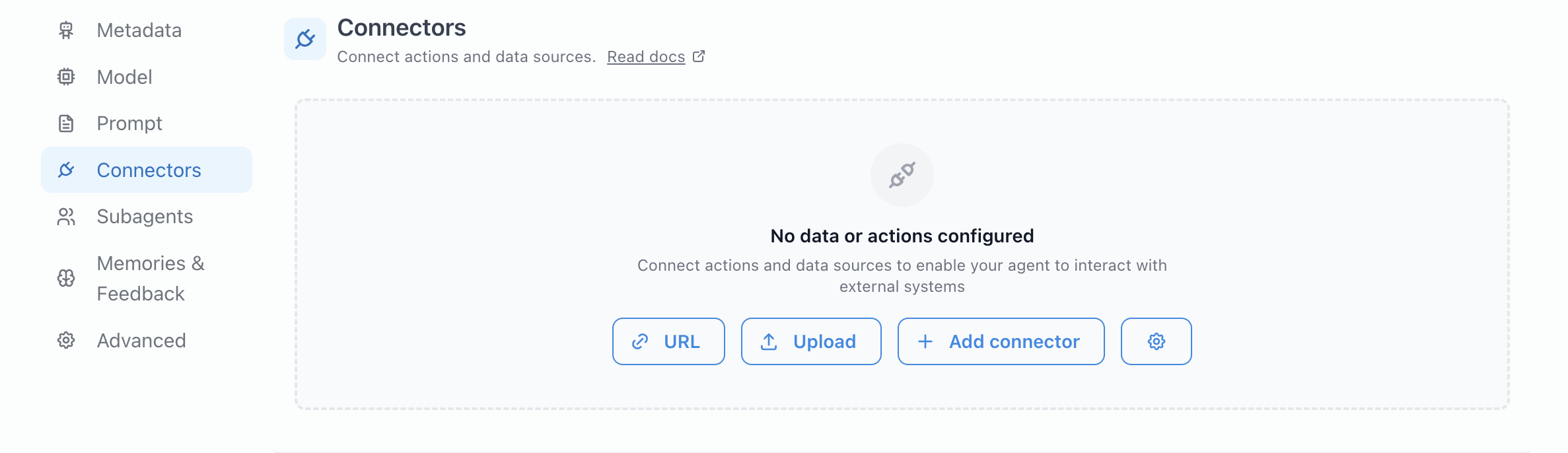 The connectors section with no data sources attached yet