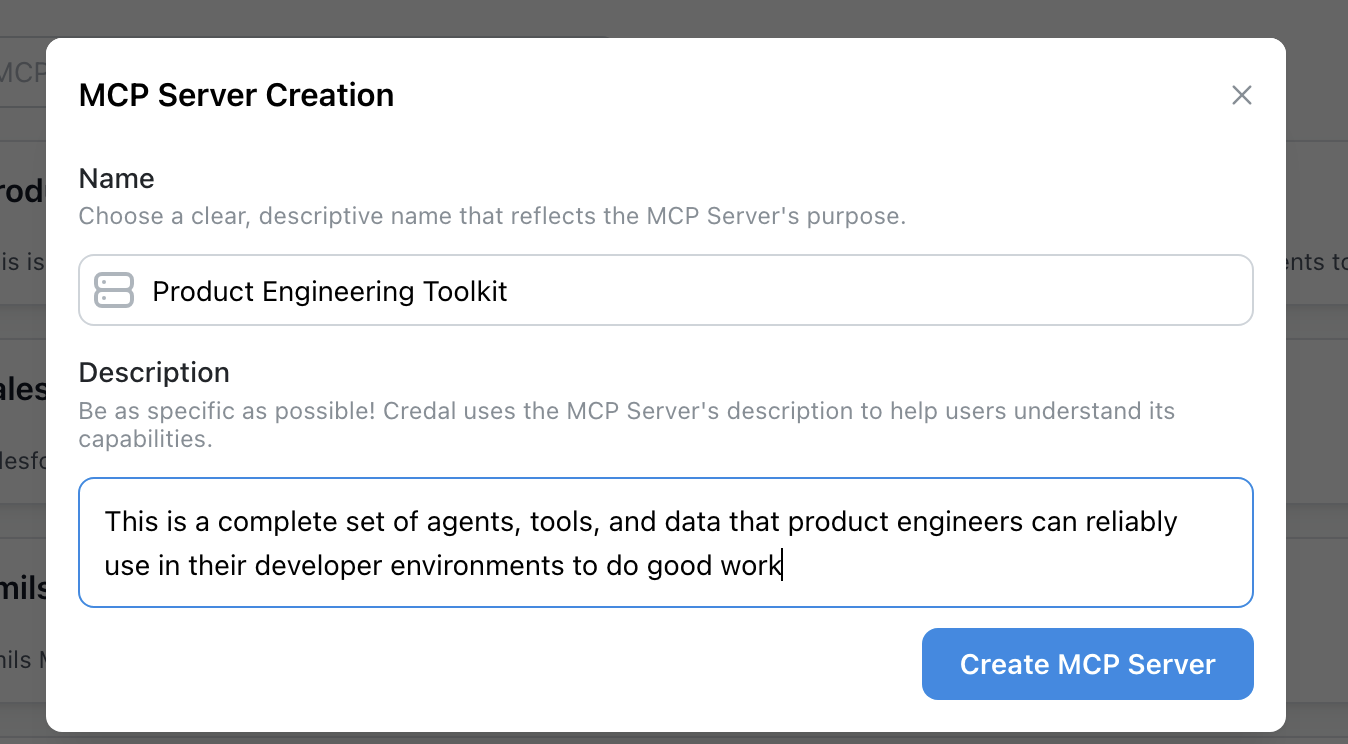 Modal for entering the new server's name and description