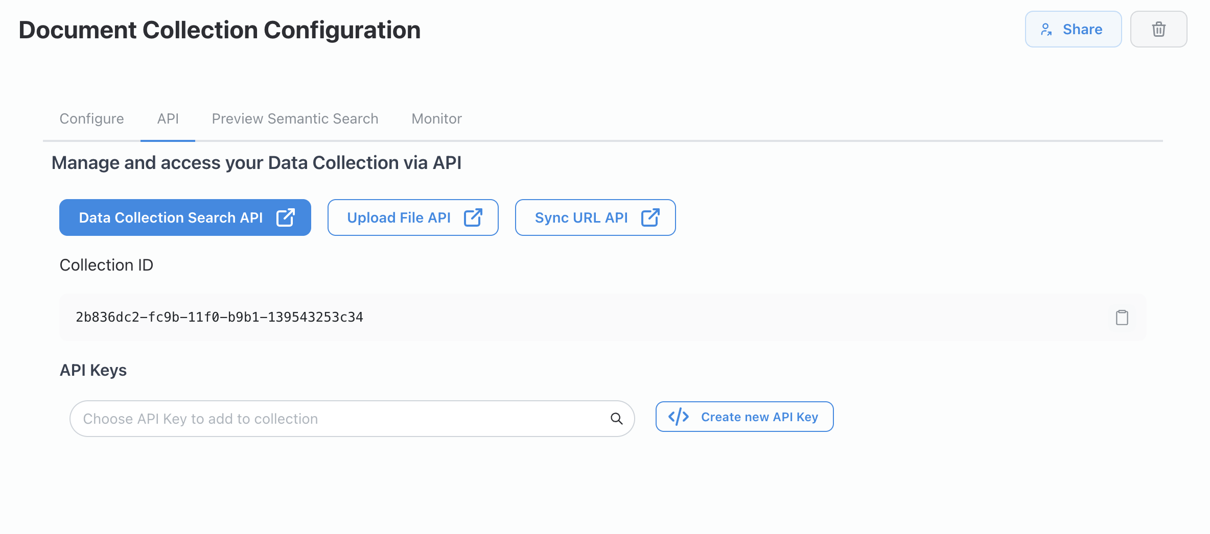 API tab showing the collection's unique ID and API key management
