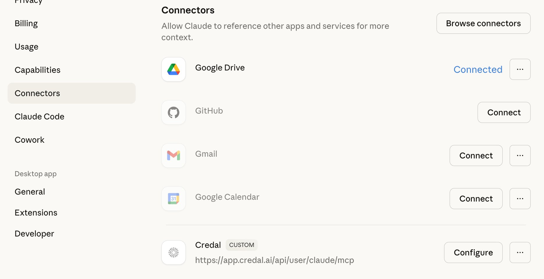 Credal MCP servers available as a connector inside Claude