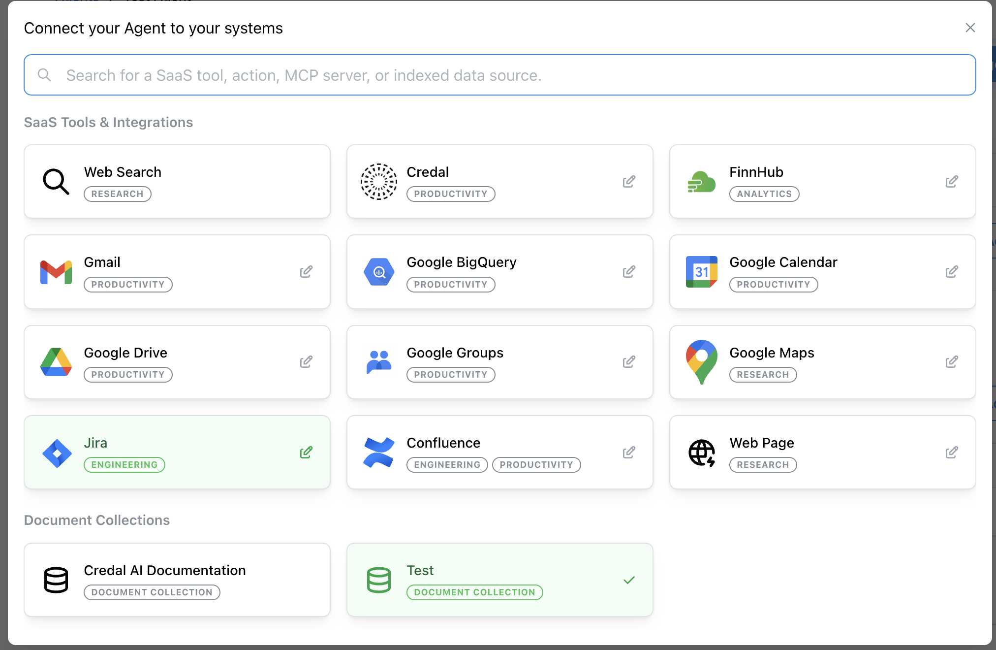 The dropdown for searching actions by tool or integration