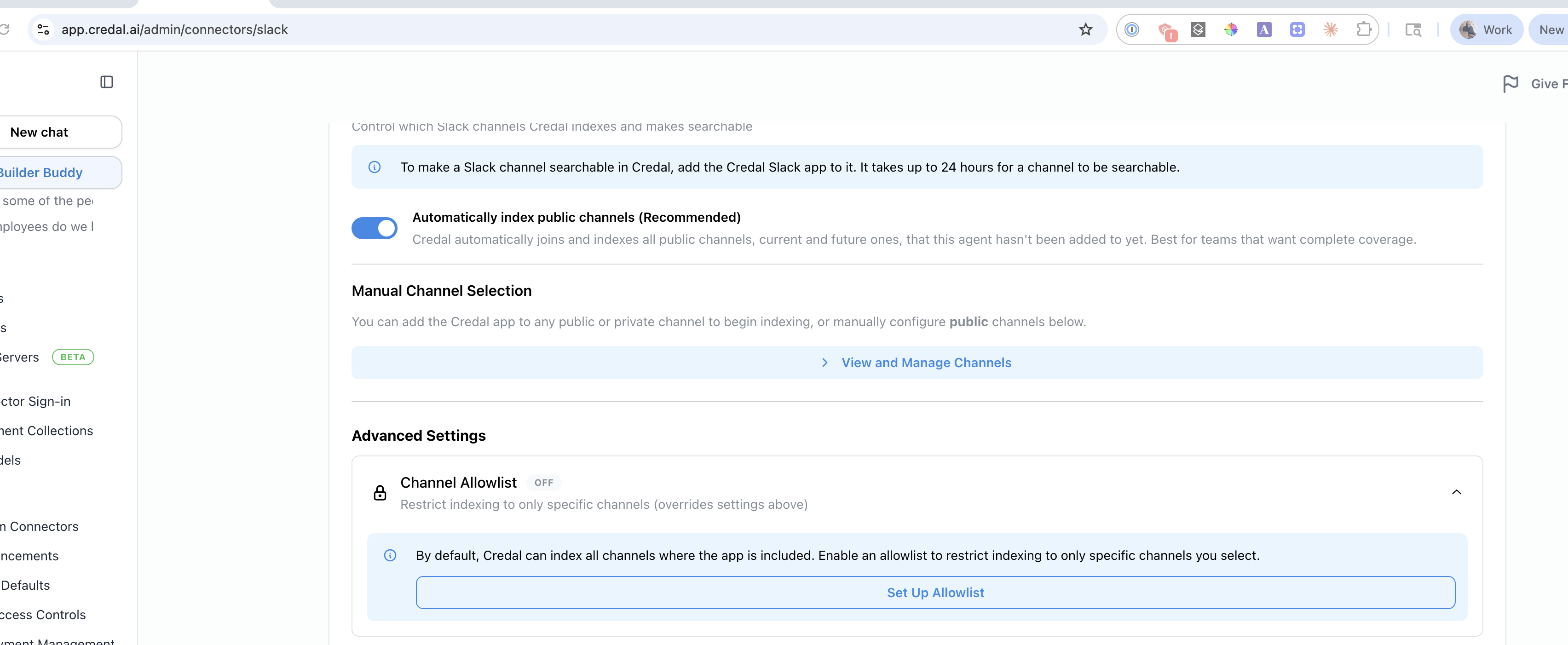 Slack channel allowlist management page in the Credal admin connector settings