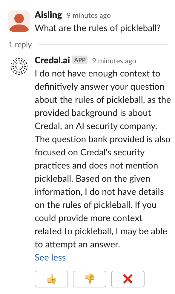 Agent responding that it does not have the context to answer the out-of-scope question