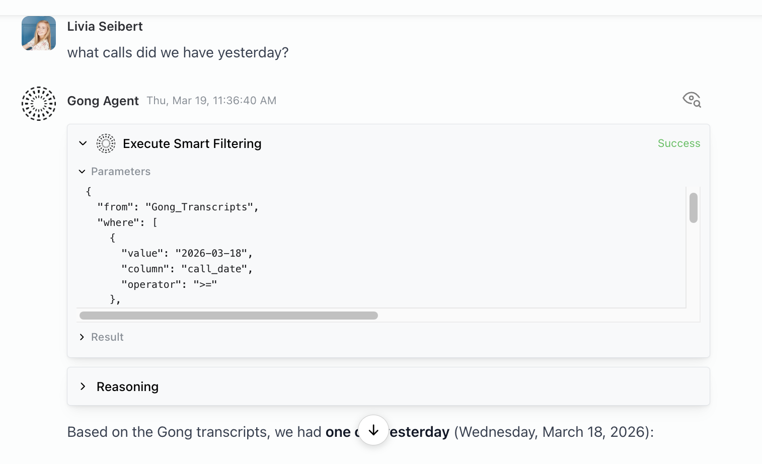 Action results in a chat showing which smart filters were applied