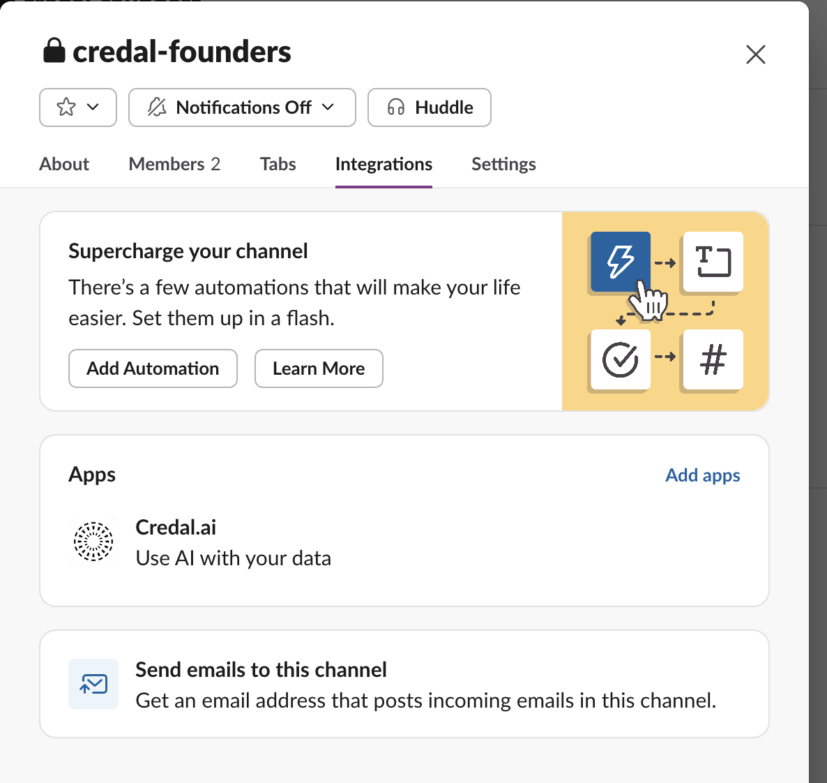 Integrations tab in the Slack channel settings