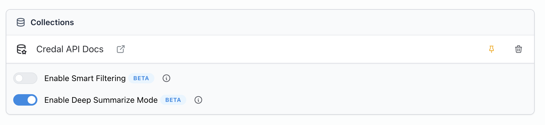 Collection settings panel with the Enable Deep Summarize Mode toggle turned on