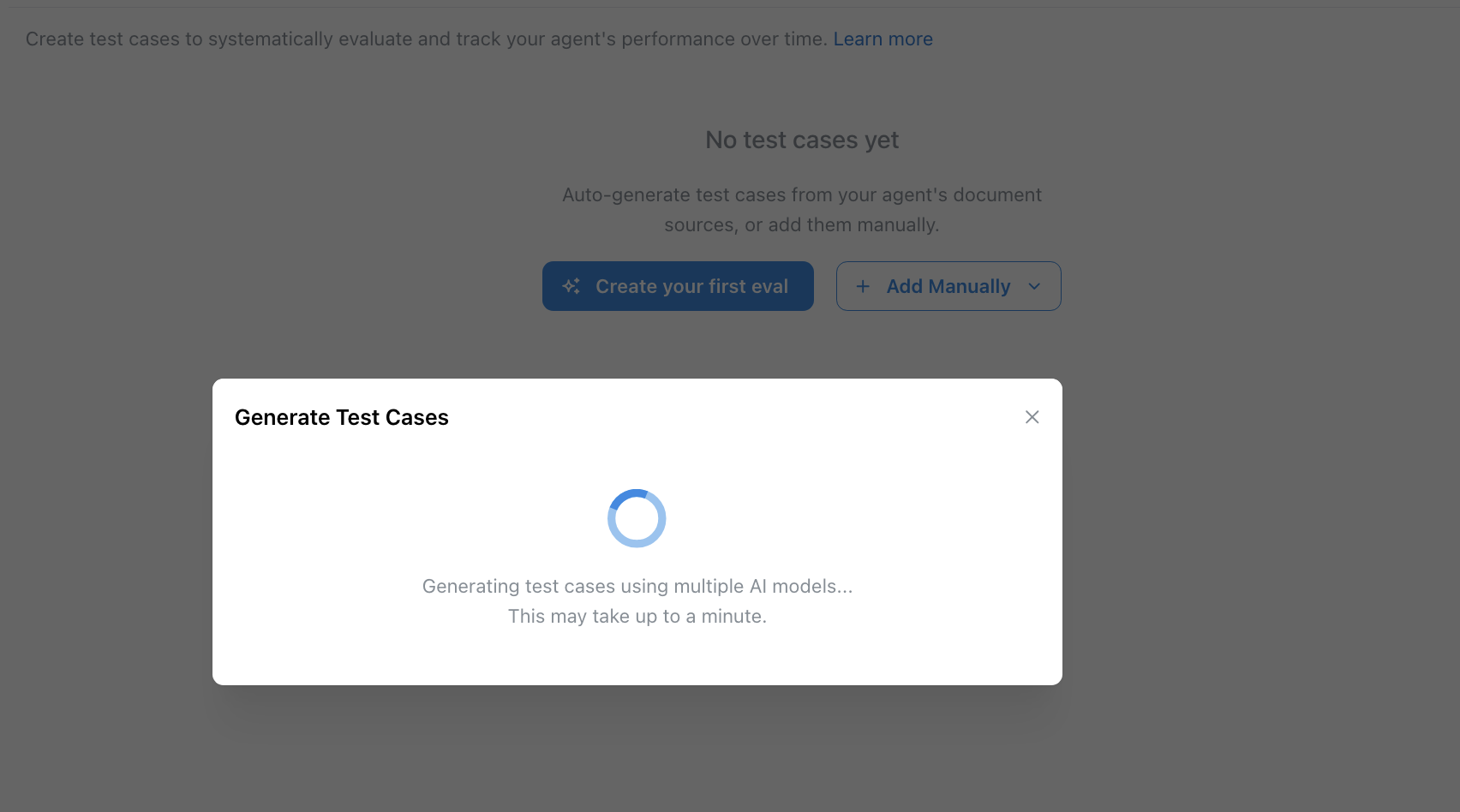 Loading state while AI models analyze the agent configuration and generate test cases