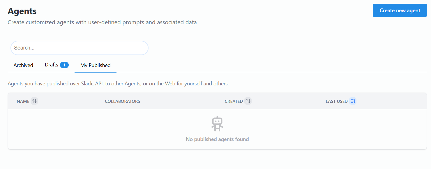 The Agents page with the Create New Agent button
