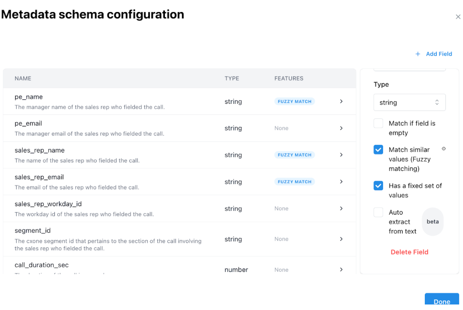 Metadata schema configuration for a document collection showing expected fields and their types