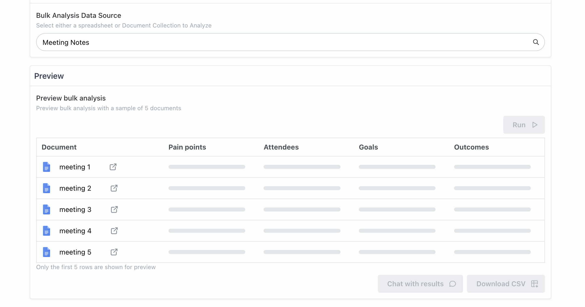 Preview run in progress on the first five rows of source data