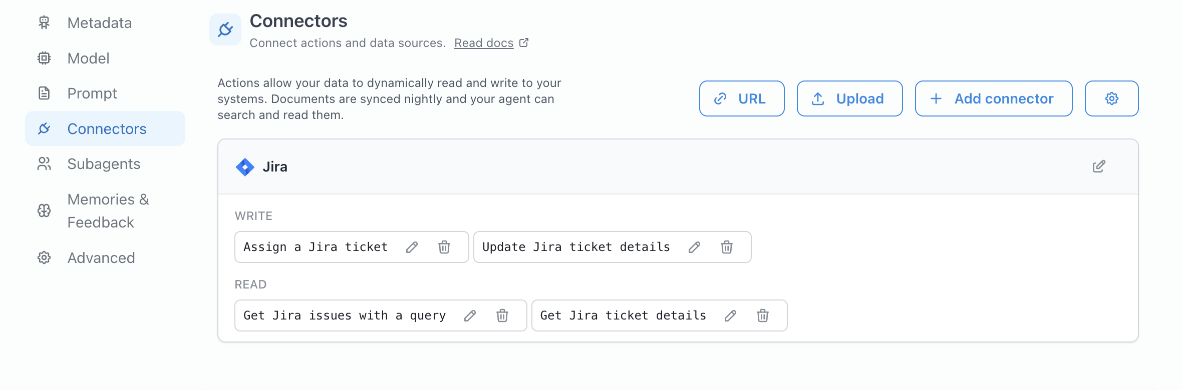 Attached actions shown in the connectors section of the agent configuration