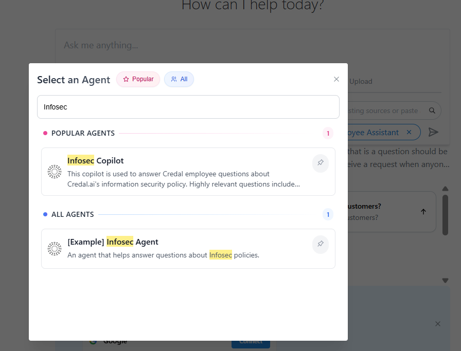 Popup for choosing which agent to chat with