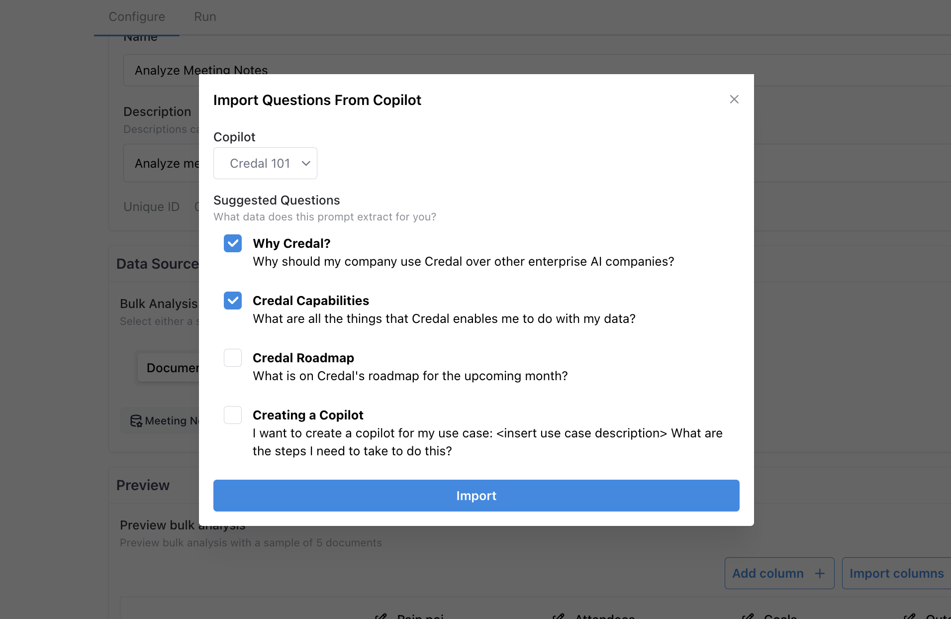 Import Columns dialog for choosing Suggested Questions from existing Agents