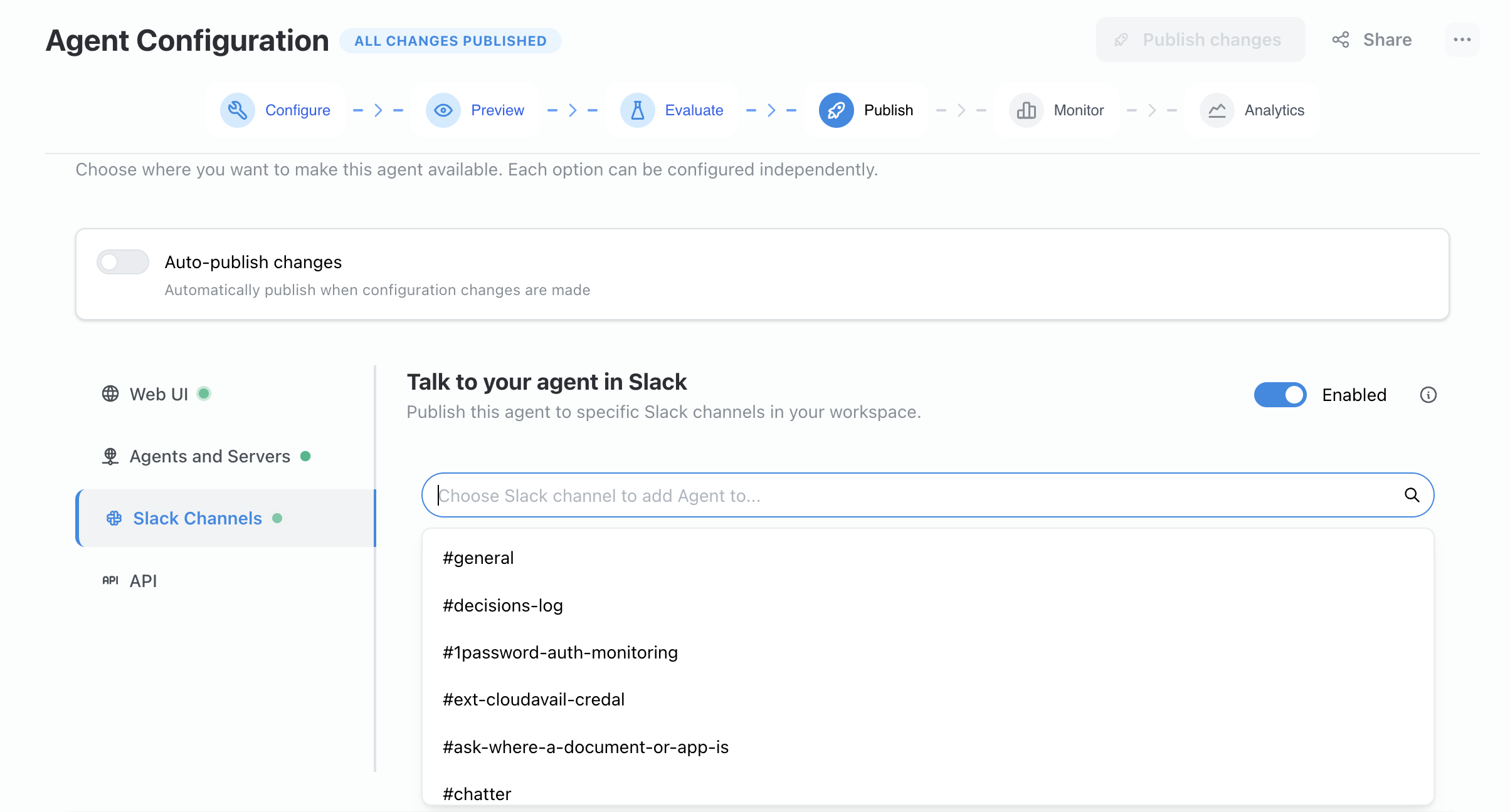 Slack Channels section of the Publish settings with channel selection enabled