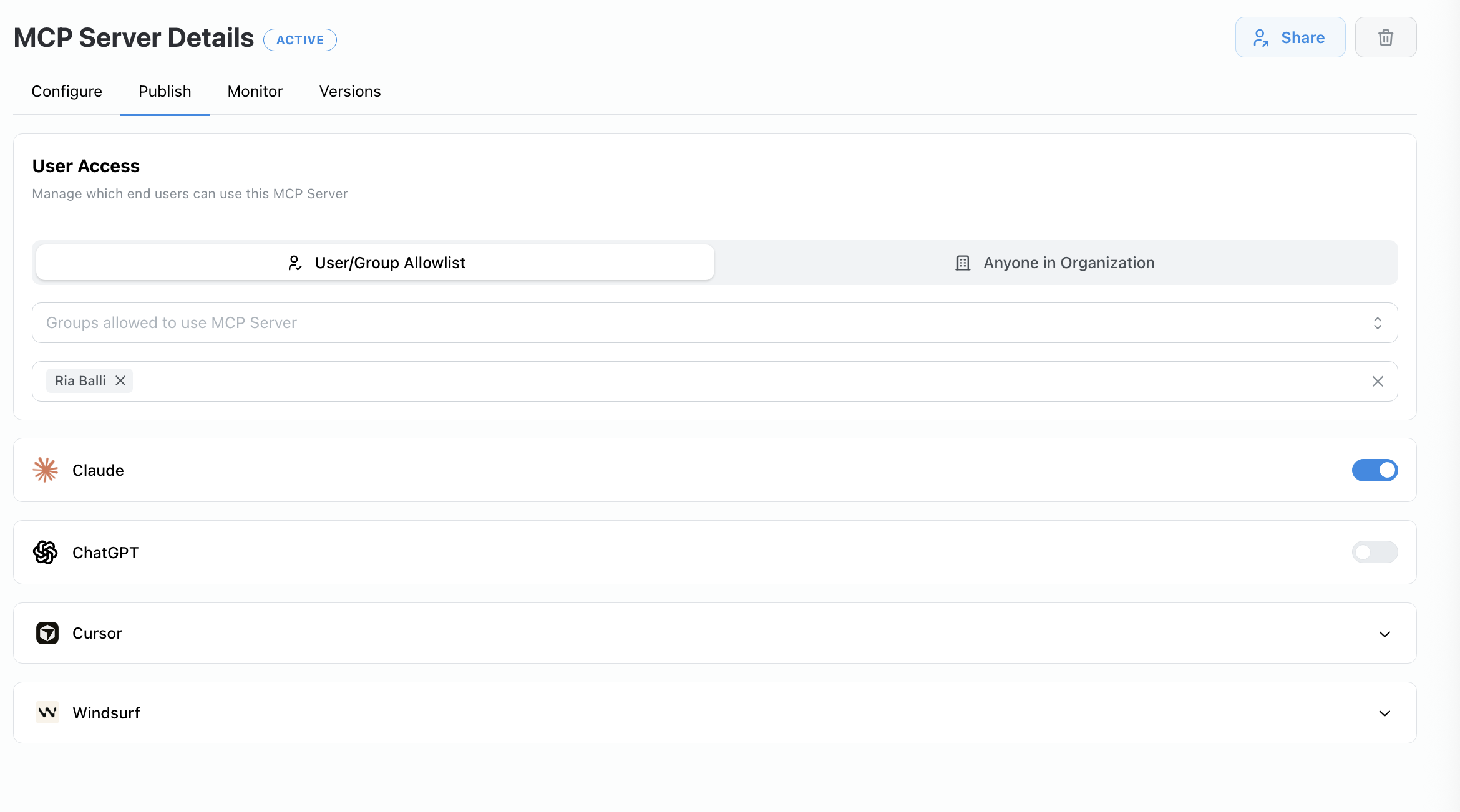 Publish settings with the allowlist scoped to just yourself for testing
