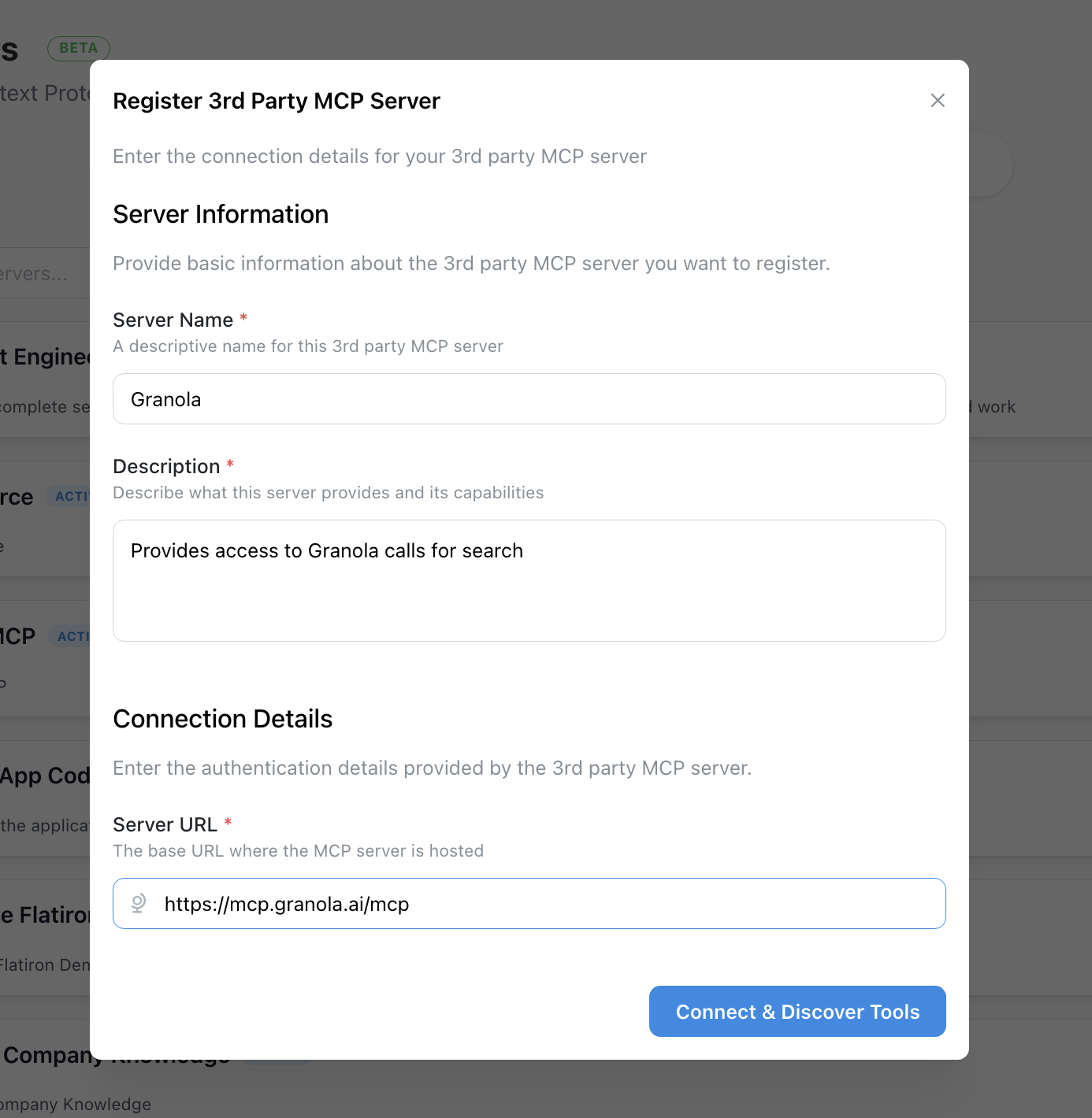 Form for entering the third-party server's name, description, and remote URL