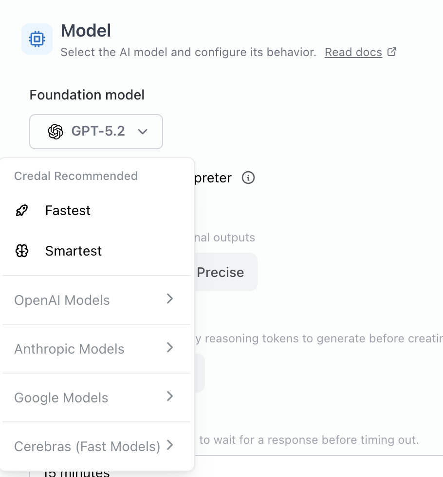 The model selection dropdown listing models from OpenAI, Anthropic, Google, and Cerebras