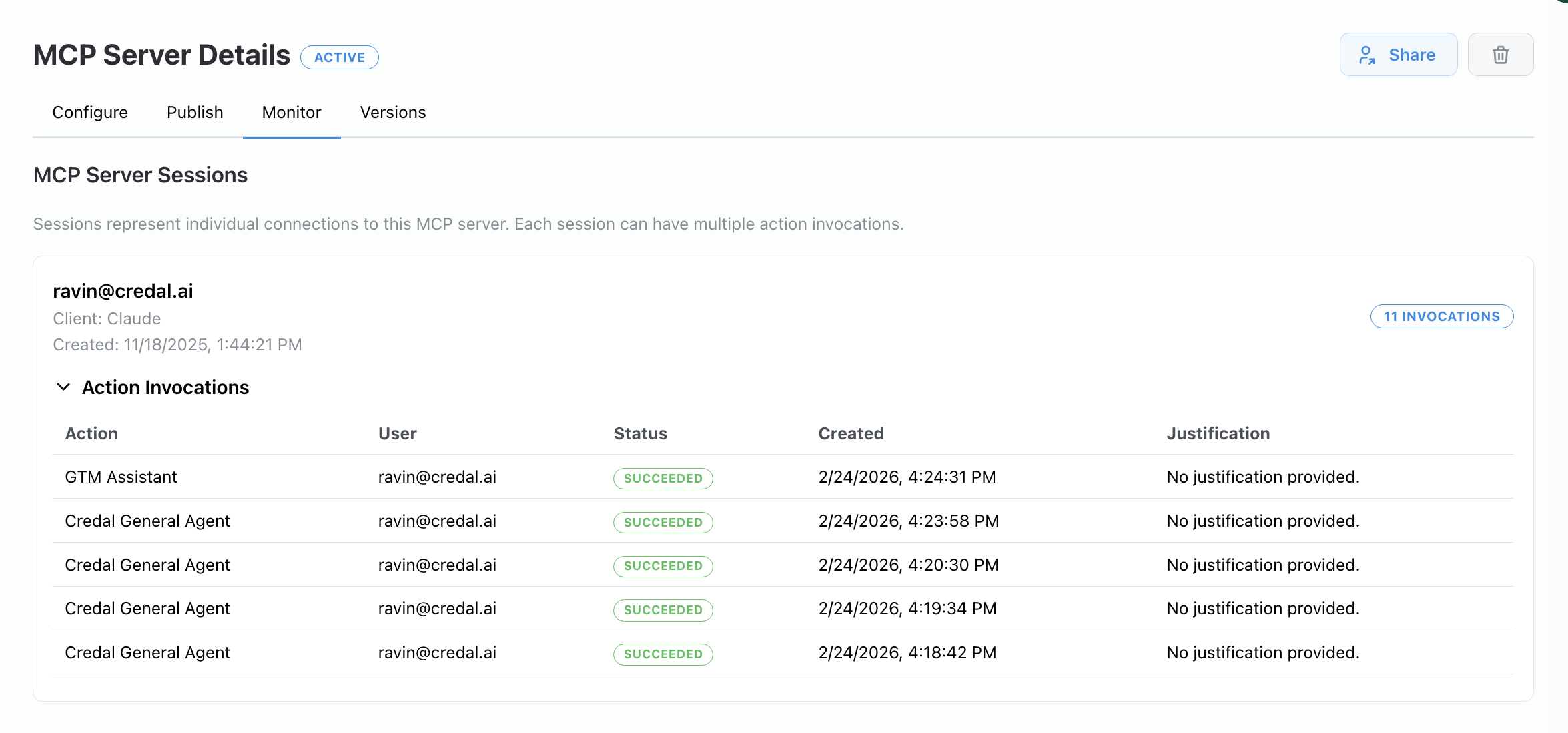 Monitor tab showing logged sessions for an MCP server