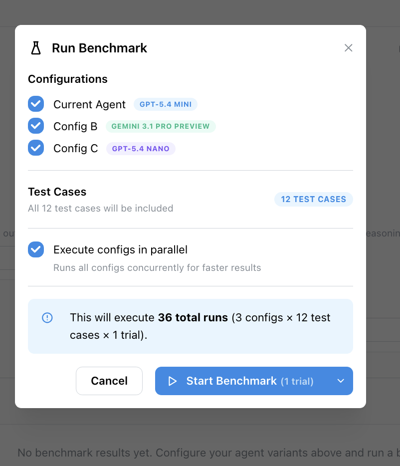 Run Benchmark confirmation modal listing selected configurations, test cases, and trials