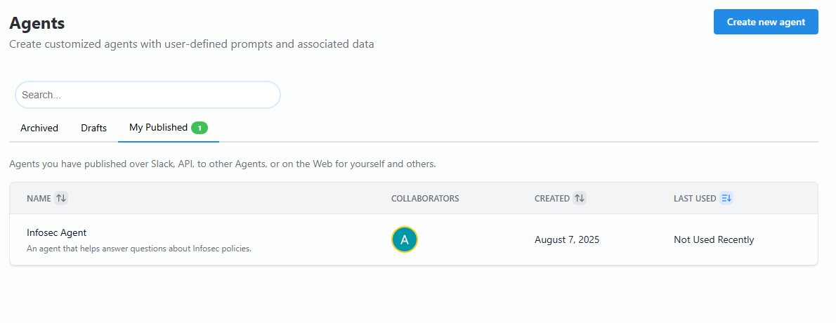 The Published section of the Agents tab listing created and shared agents