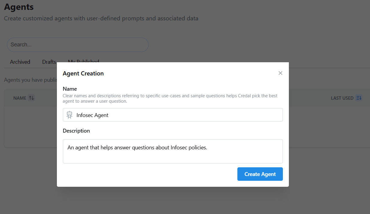 The agent creation form with name and description fields and the Create Agent button
