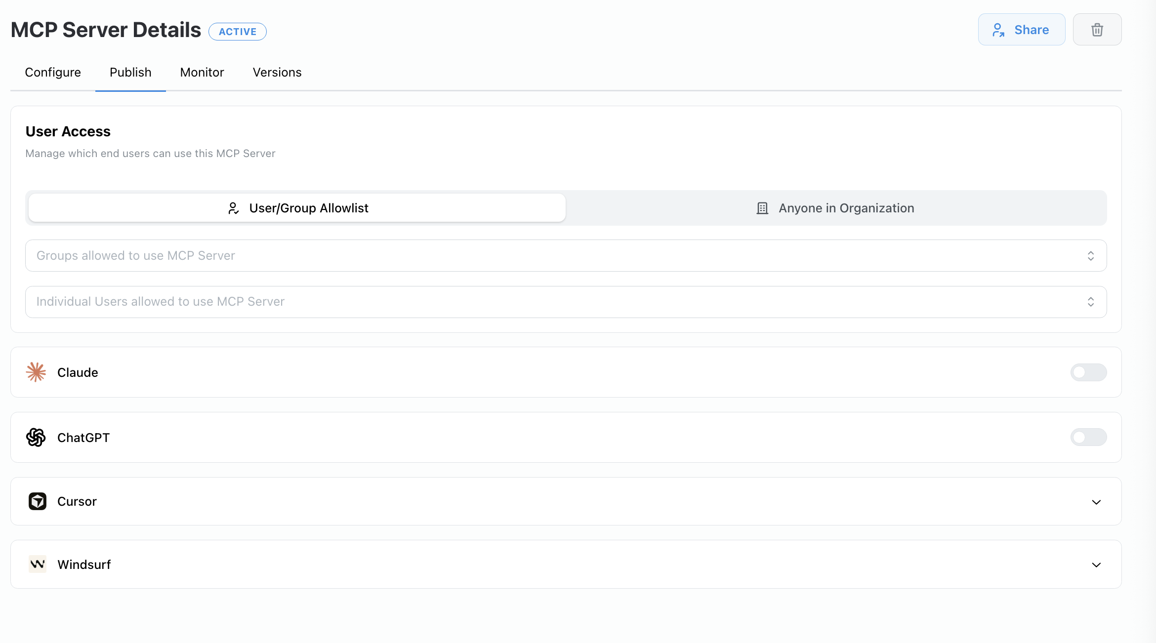 Publish tab of an MCP server showing the available deployment settings