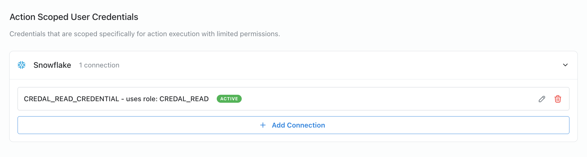 Form for adding a Snowflake credential with fields for subdomain, account identifier, username, private key, and SHA-256 fingerprint