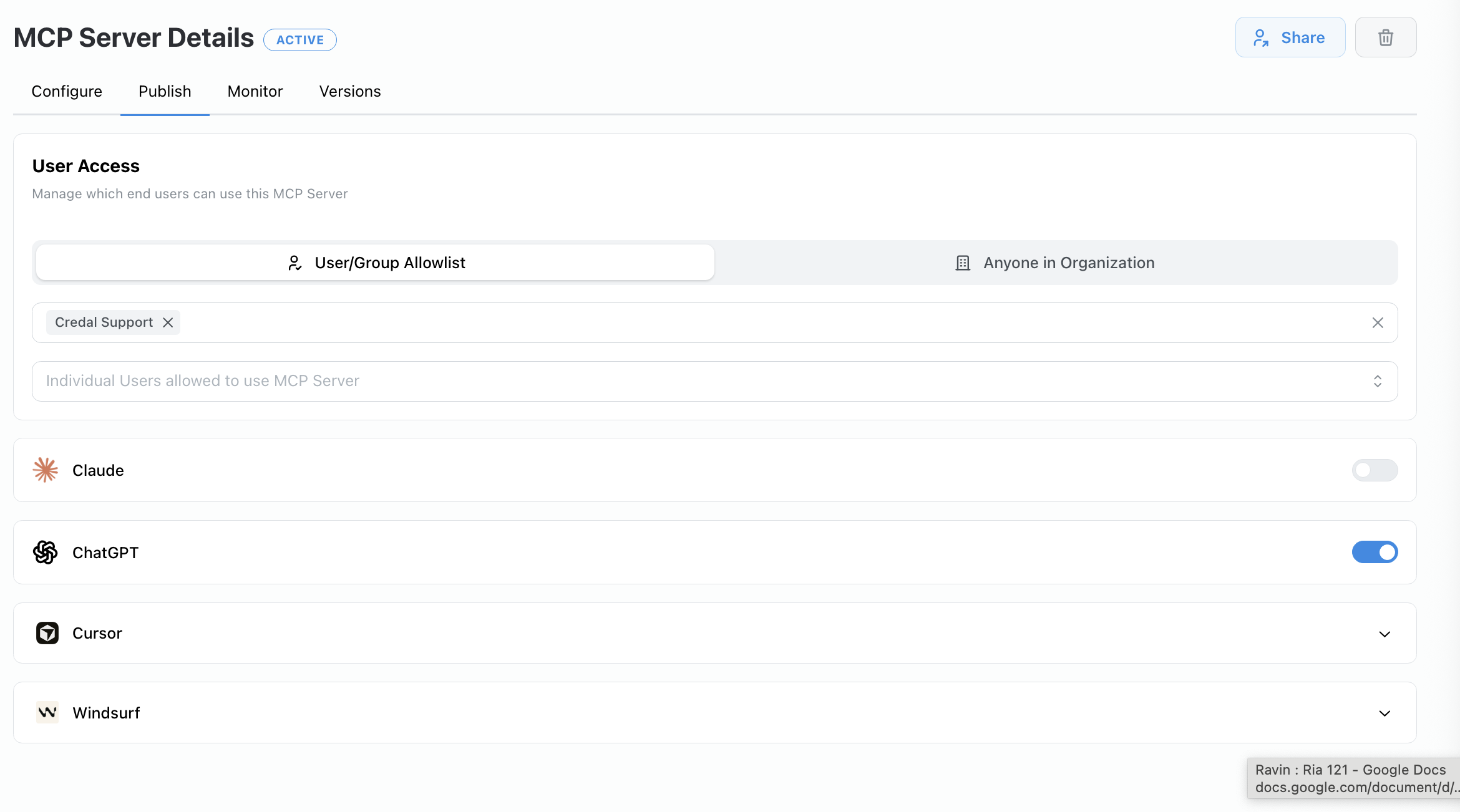 End-user allowlist scoping server visibility in ChatGPT to a single user group
