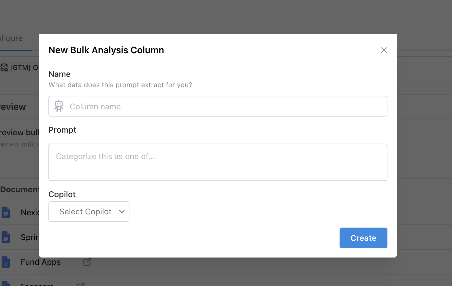 Empty column configuration panel for adding a new prompt column