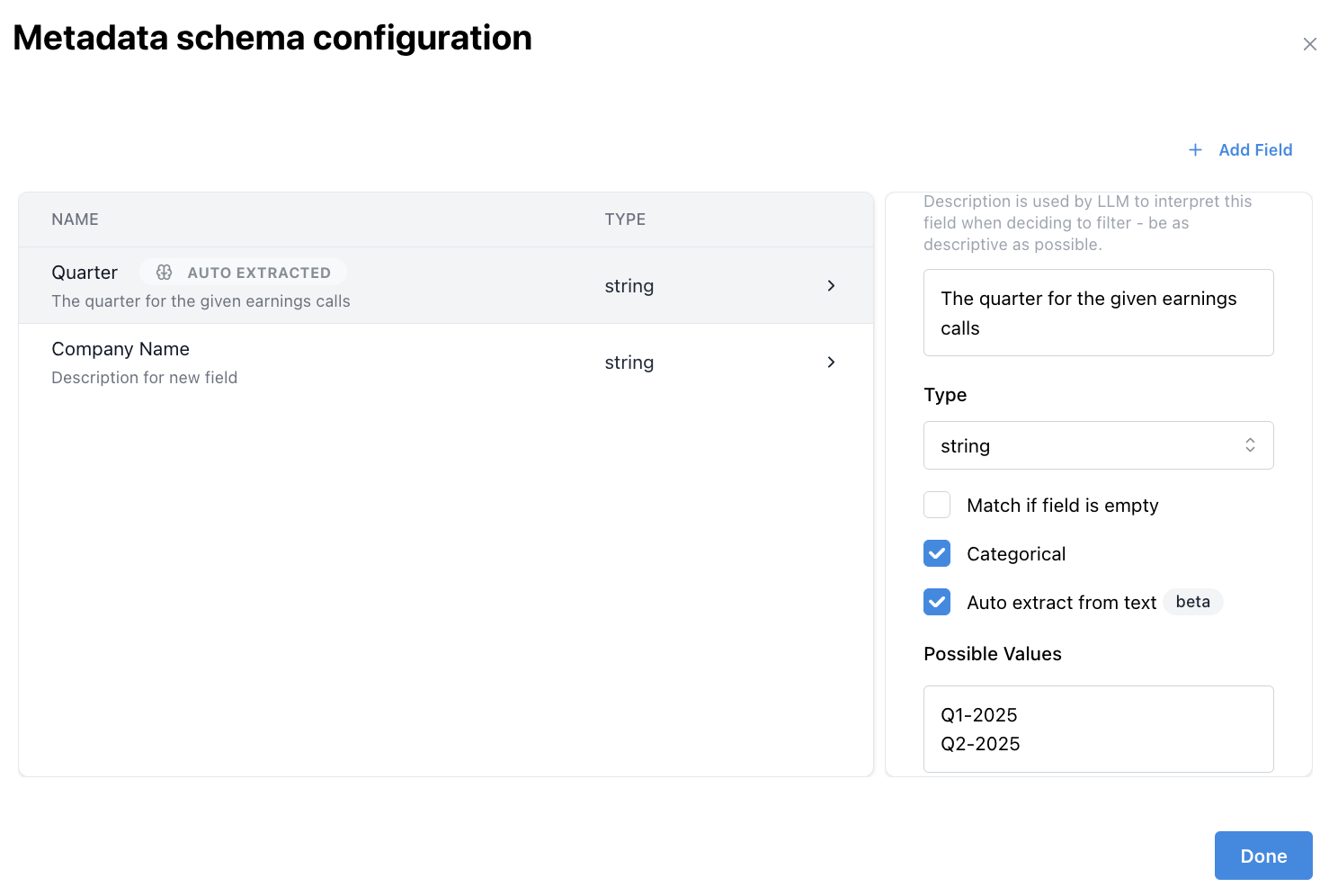 Collection Schema setup defining metadata fields for a document collection