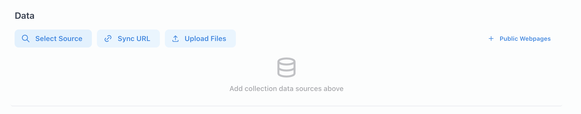 Data section with options to search existing sources, upload files, or add public webpages