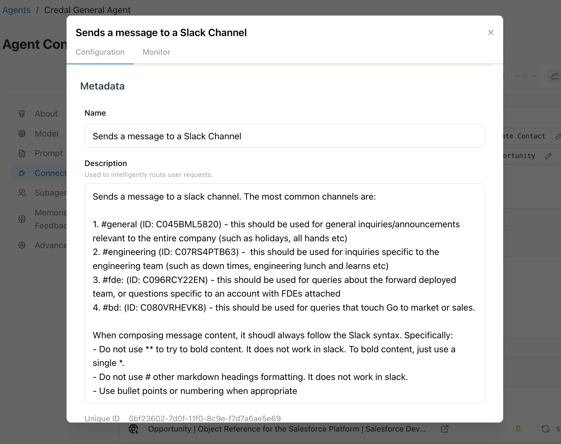 Action settings with editable custom name and description fields