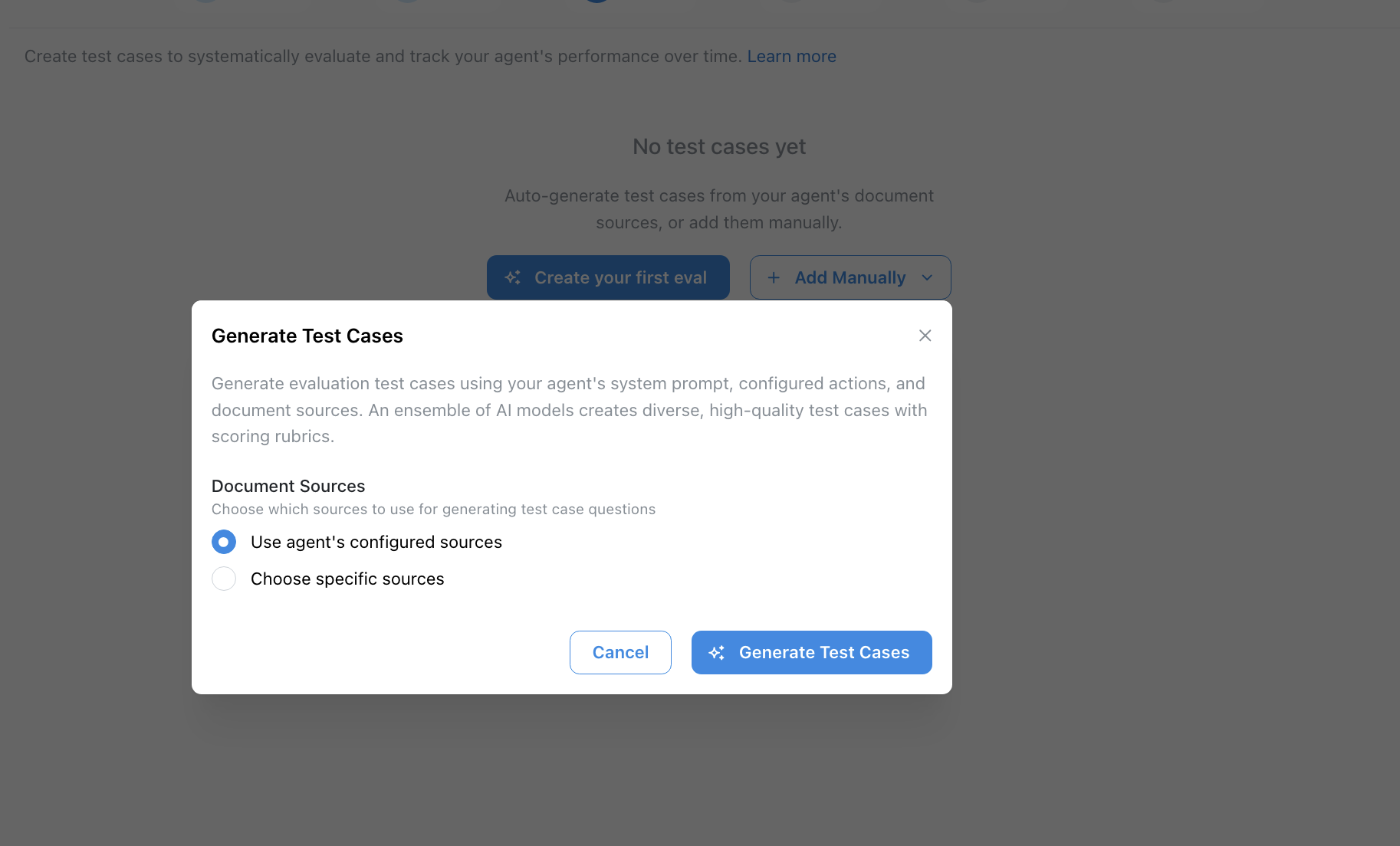 Generate Test Cases modal for AI-generated evaluation questions and rubrics