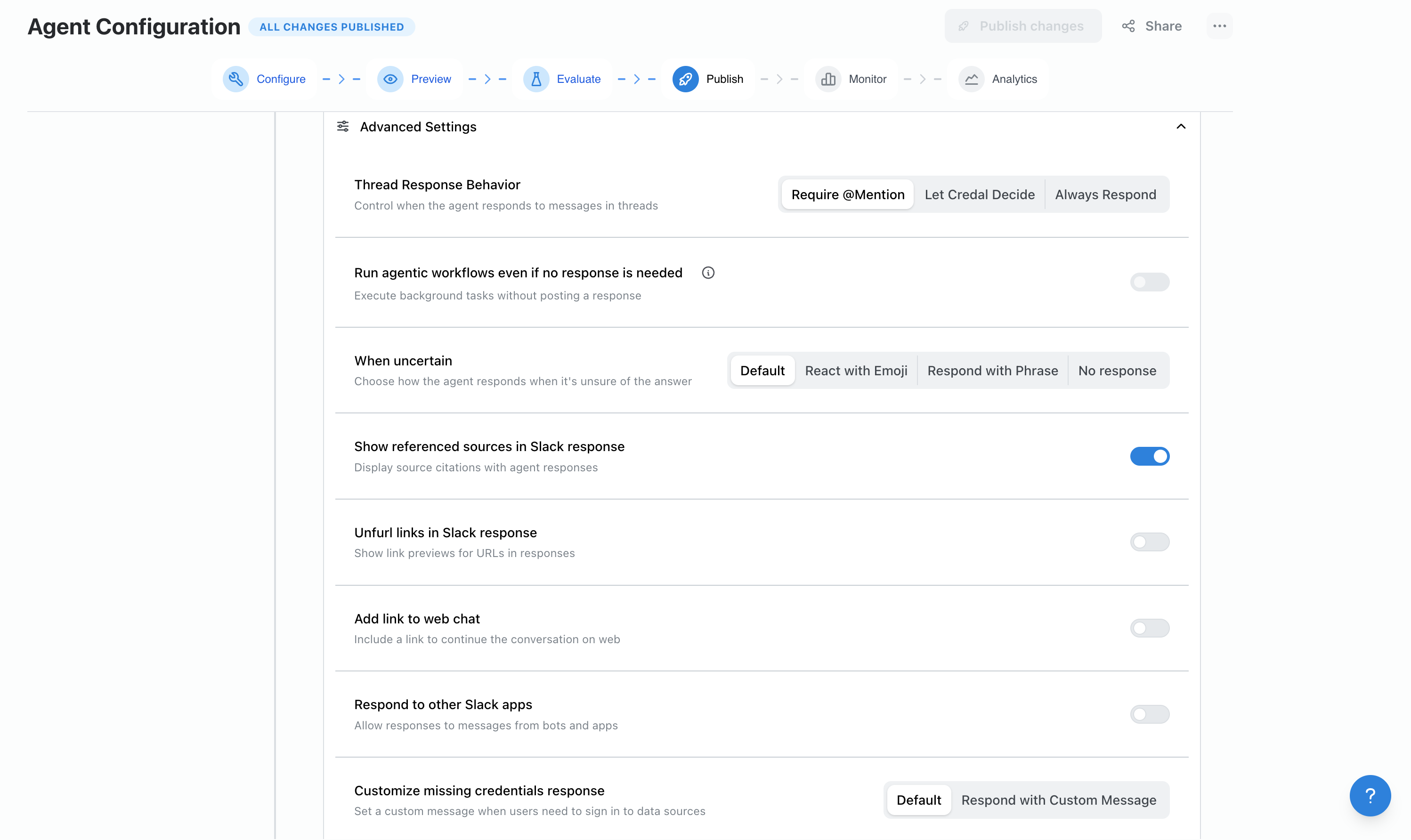 Advanced settings panel for an agent's Slack publishing options