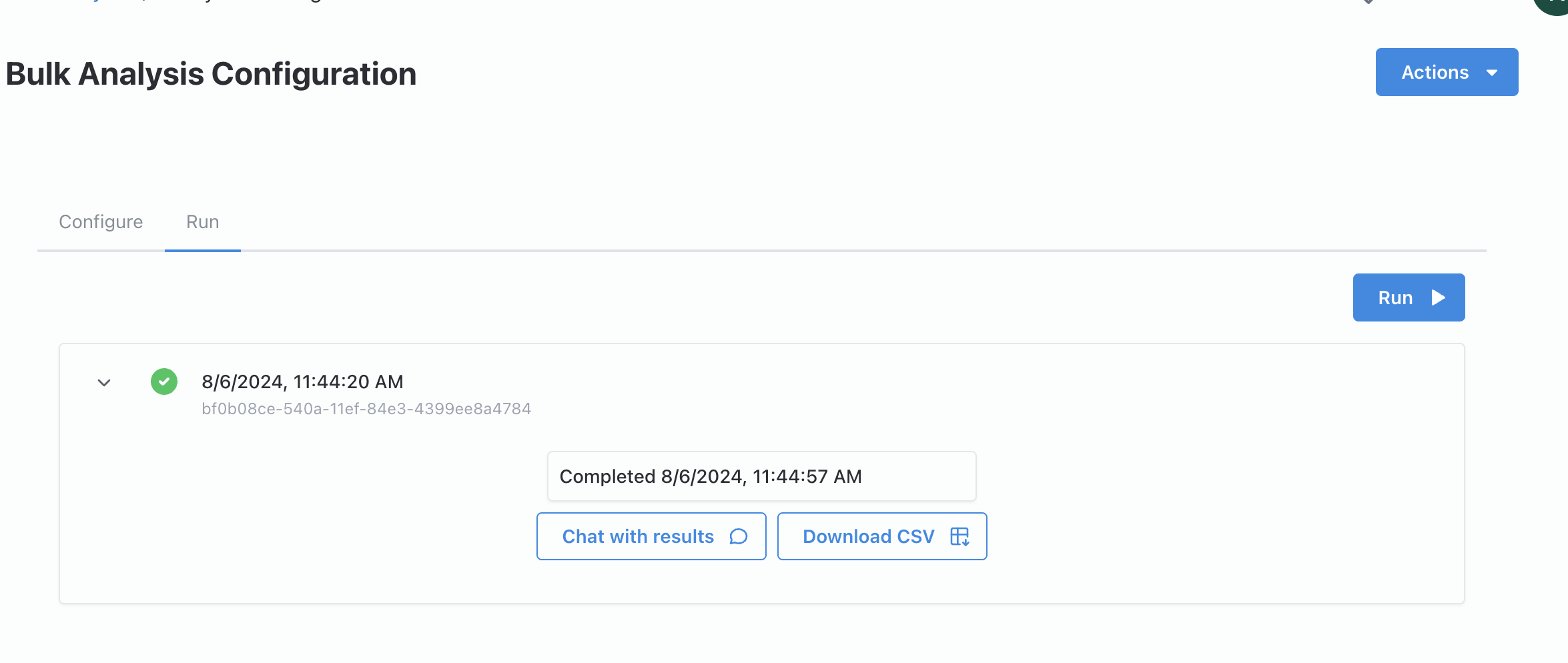 Run tab with options to chat with results or download a CSV