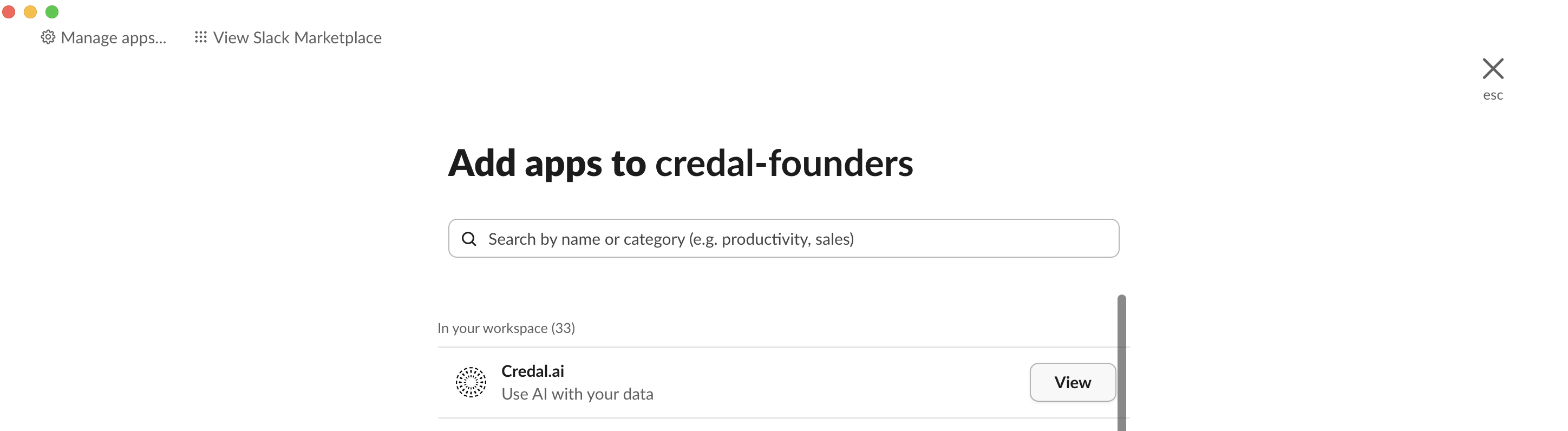 Adding the Credal.ai app to the Slack channel from the Integrations tab