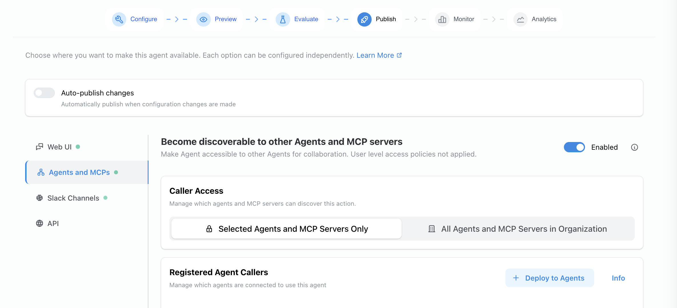Callable toggle in the Agents and MCP Servers section of the Publish tab