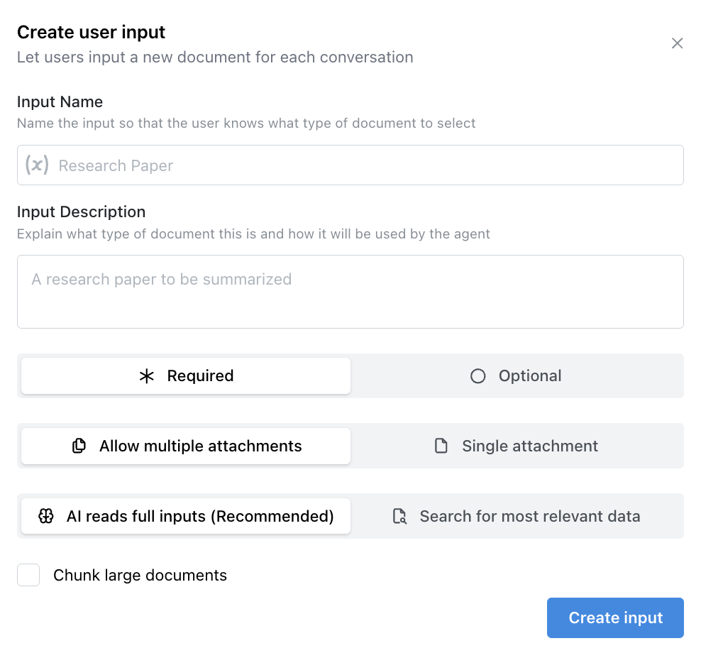 The Add user input settings for letting users upload their own documents