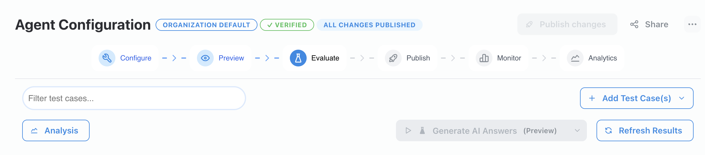 Evaluate tab showing the Add Test Case(s) button and a list of test questions