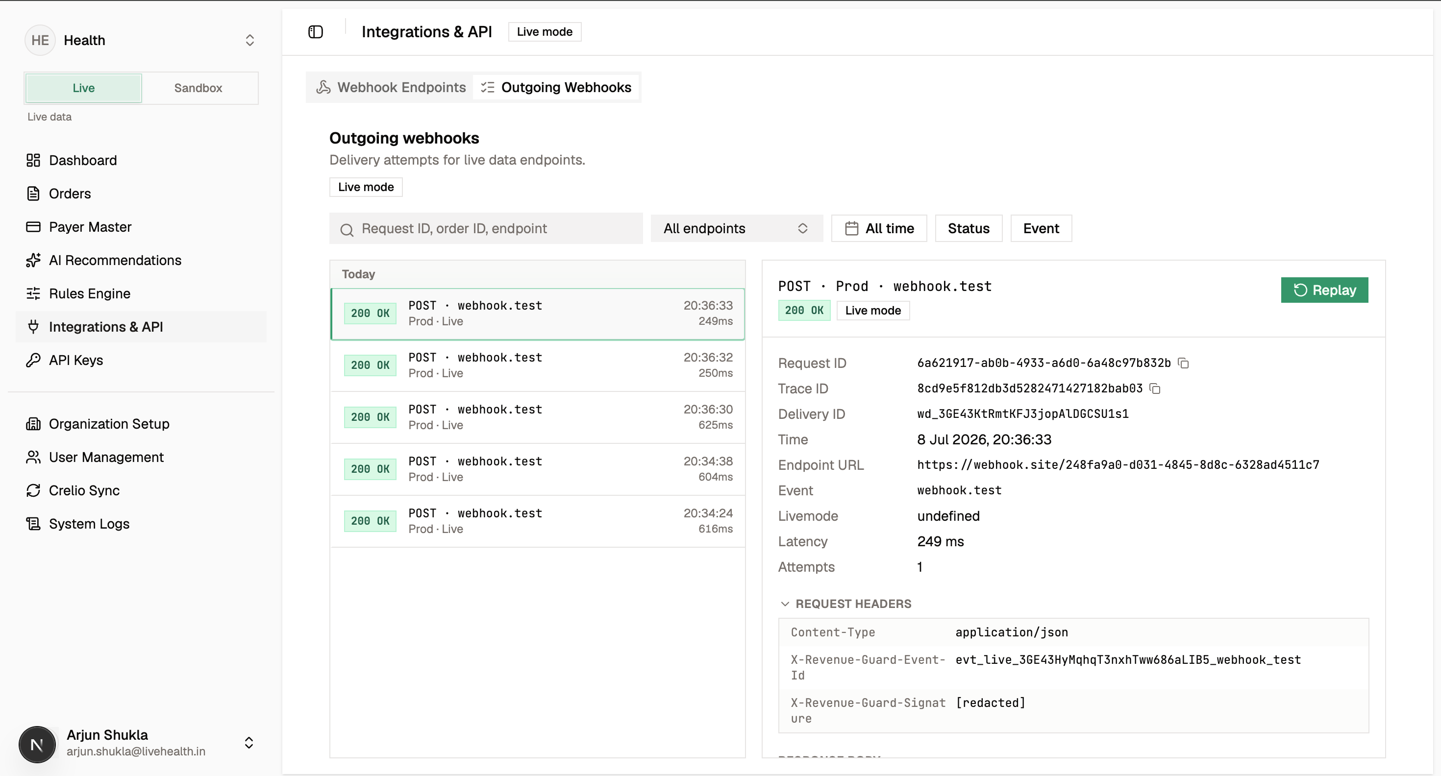 Webhook delivery log