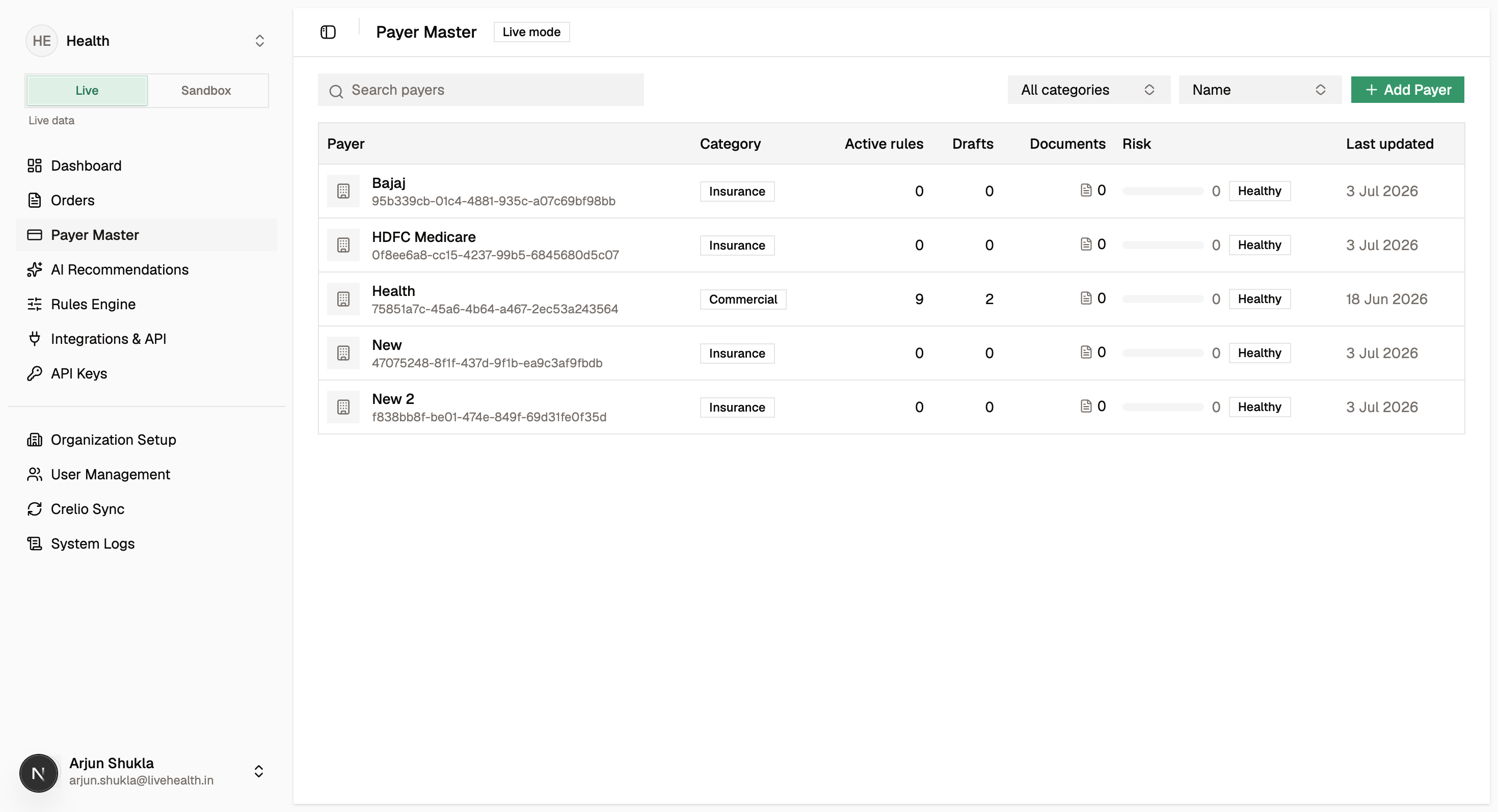 Payer Master list