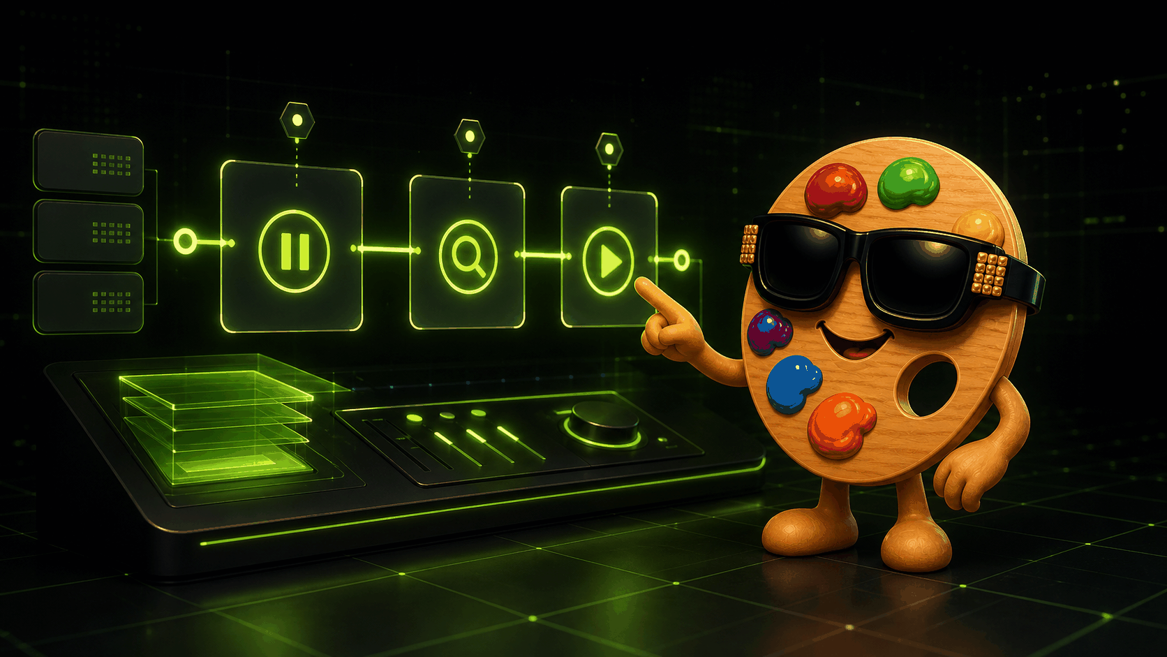 Workflow chaining hero showing the Data Designer palette character beside a pause, inspect, resume control surface