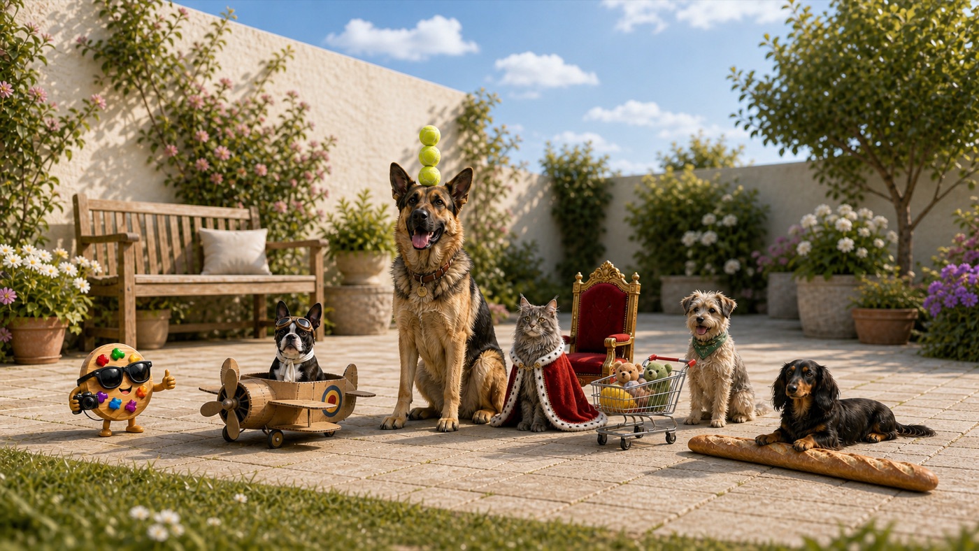A Data Designer palette mascot photographing funny pets on a sunny backyard patio