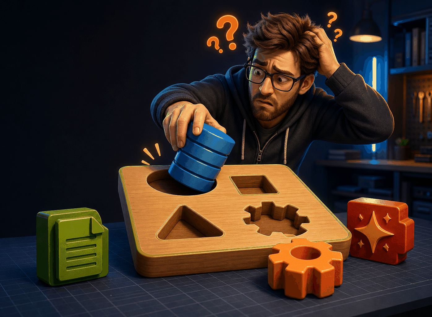 A confused engineer trying to fit custom building blocks into the wrong framework slots