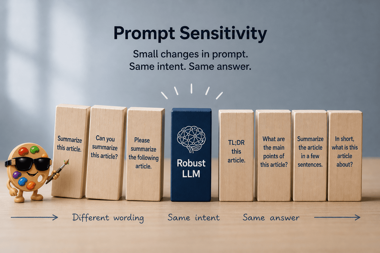 Prompt Sensitivity: small changes in prompt phrasing, same intent, same answer — the goal of a robust LLM